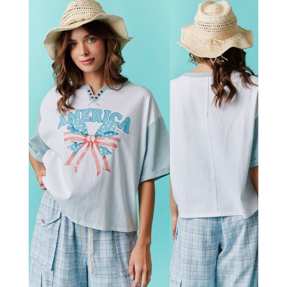Fantastic Fawn White Short Sleeve "America" Graphic Tee with Pastel Blue Accents